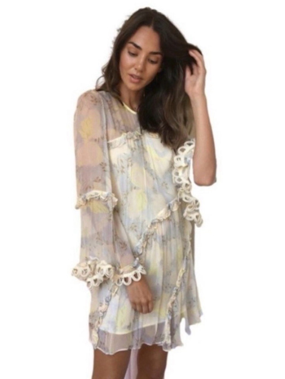 Stevie May Anthropologie Floral Mini Dress XS Yellow Boho Ruffle Cottagecore